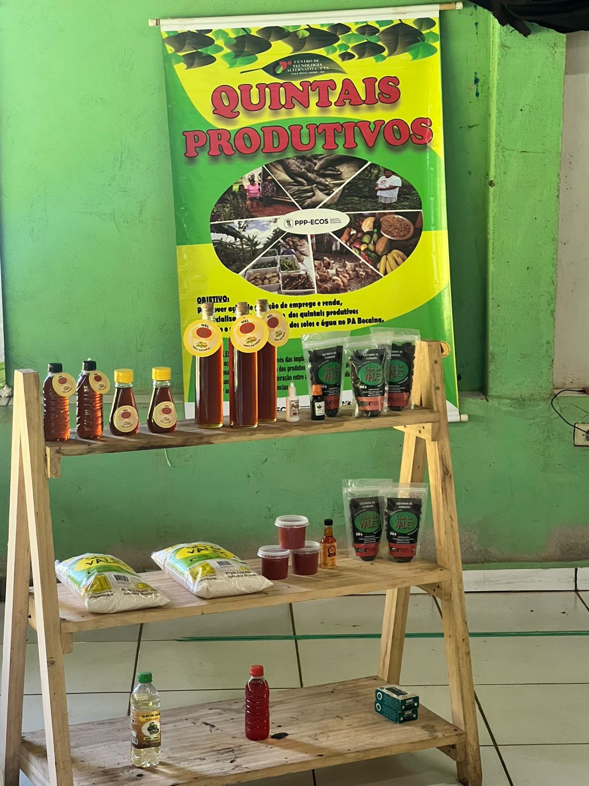 Produtos do Quintais Produtivos expostos em evento — mel, castanha e itens da agricultura familiar do Vale do Guaporé