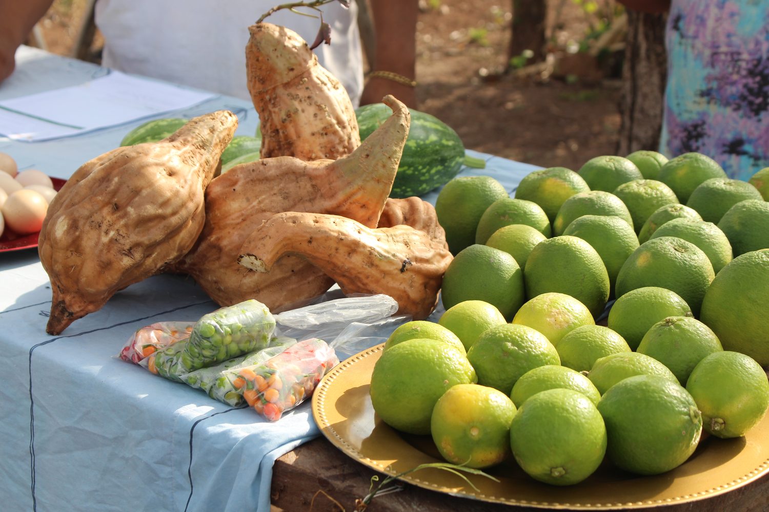 Batatas-doces graúdas, limões, melancia e saquinhos de pimenta sobre a toalha da banca