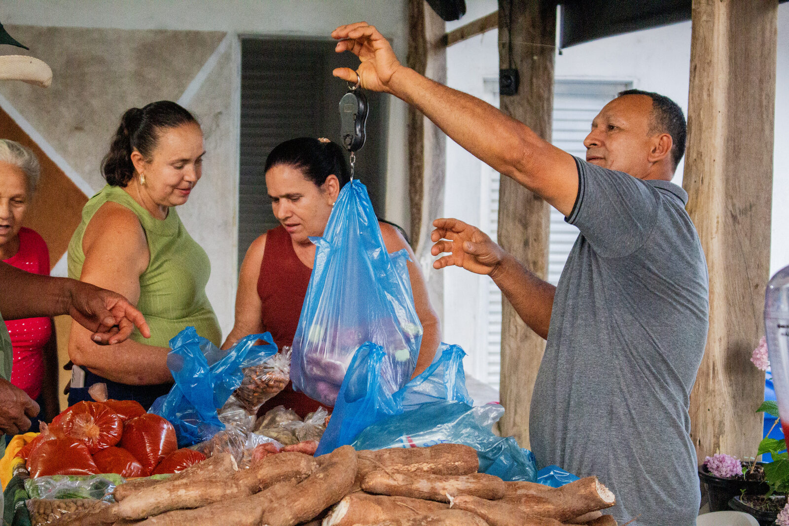 Agricultor pesando mandioca na balança de mão enquanto consumidoras aguardam a compra