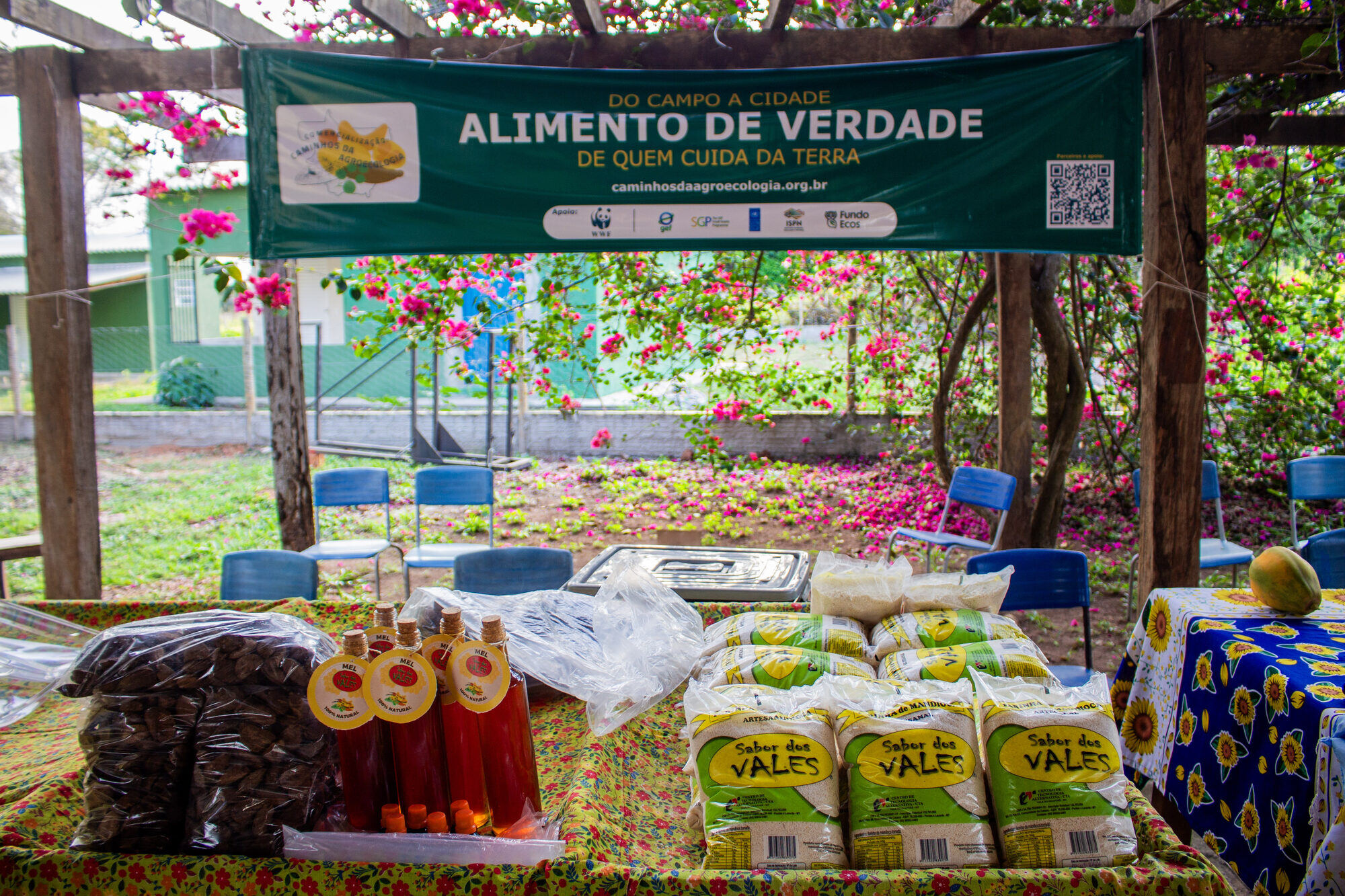 Bancas montadas sob o caramanchão da sede da ARPA, com a faixa da Rota Caminhos da Agroecologia ao fundo