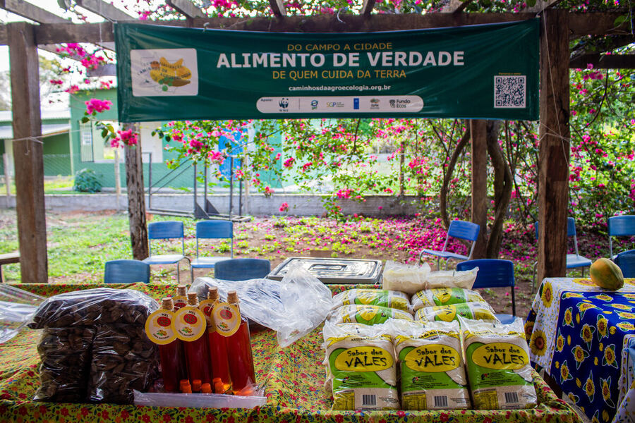 Bancas da Feira de Roças e Quintais montadas sob a faixa da Rota Caminhos da Agroecologia, na sede da ARPA, no Assentamento Roseli Nunes