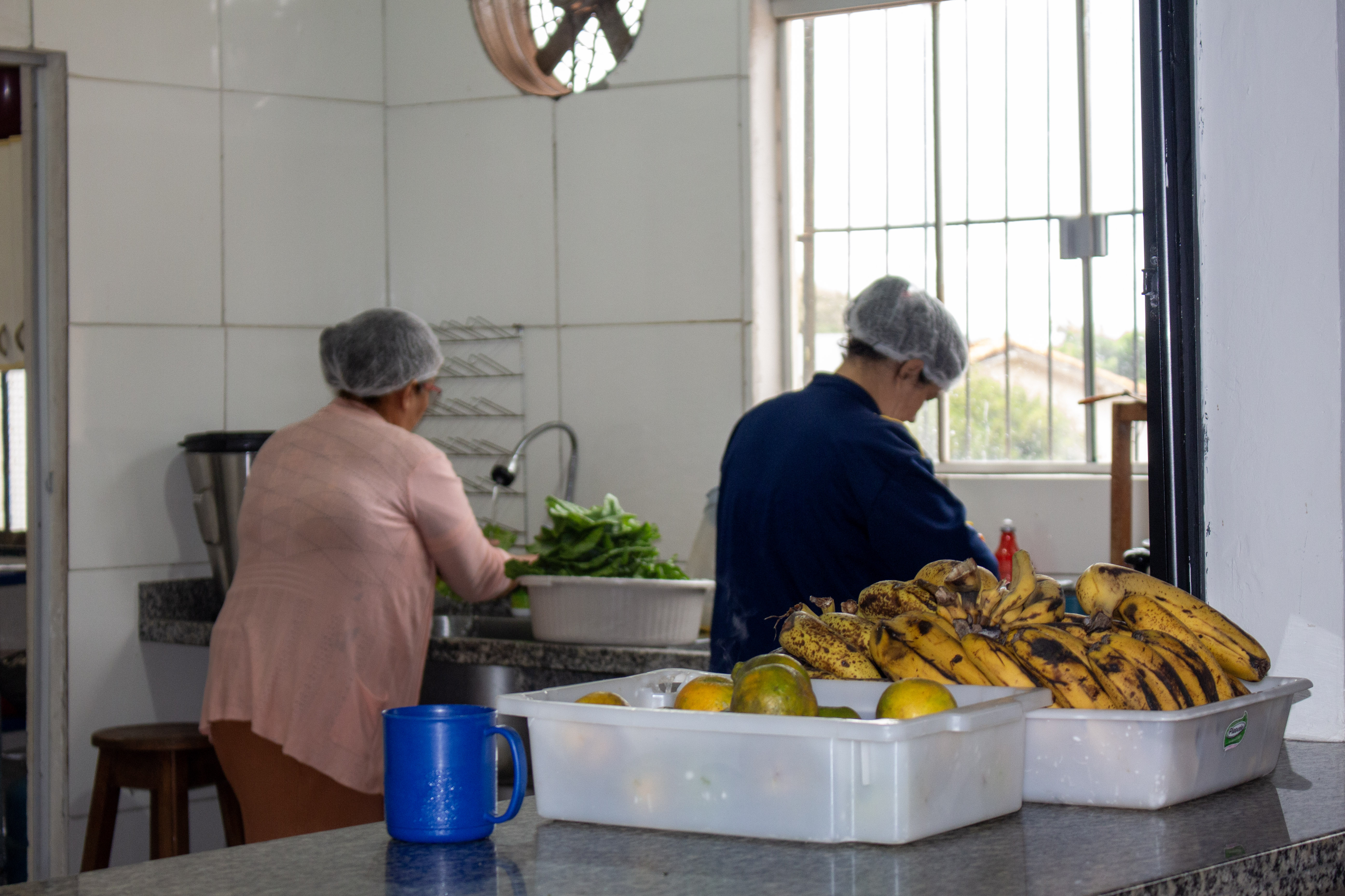 Cozinheiras da APAE com bananas e verduras na bancada — alimentos recebidos pelo PAA