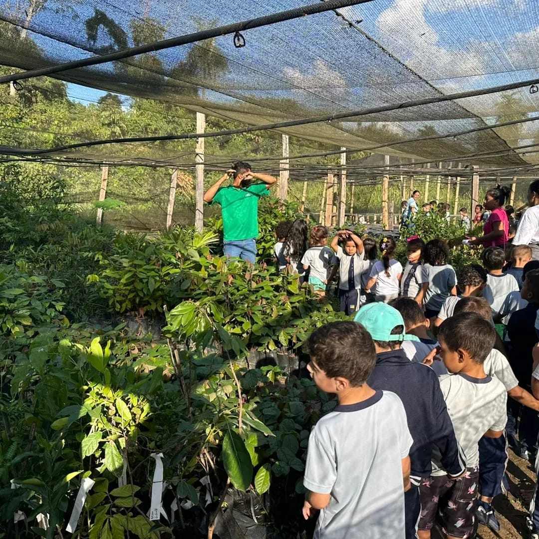 Crianças observando mudas de árvores nativas no viveiro do CTA, acompanhadas por técnico da equipe